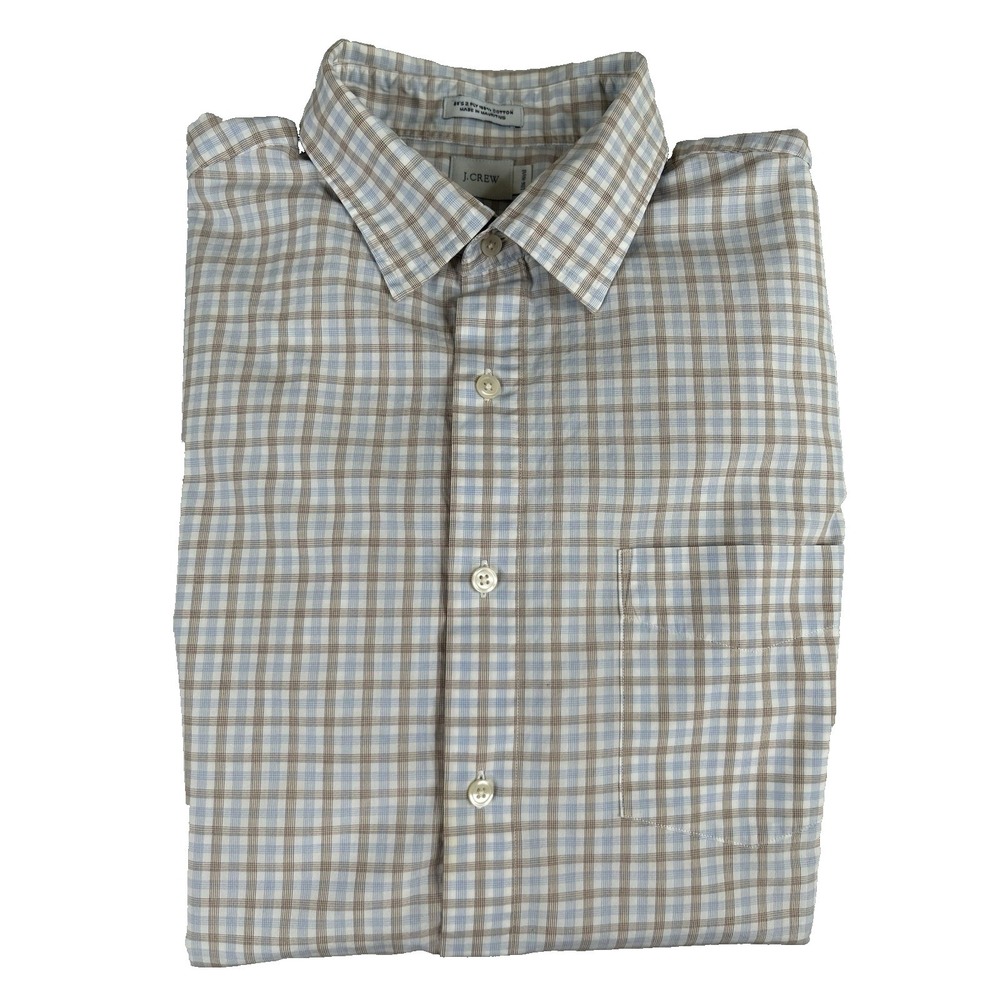 J Crew Shirt Men's Large Blue Tan Checks Long Sleeve Button Classic